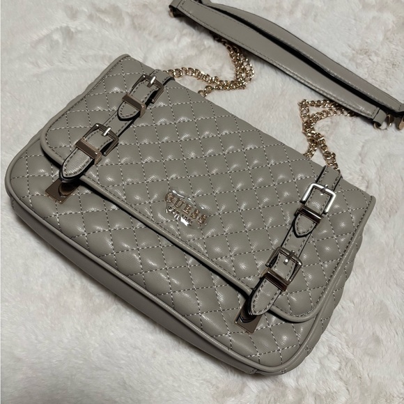 Guess Handbags - GUESS Quilted Light Gray Shoulder Bag with Gold Chain